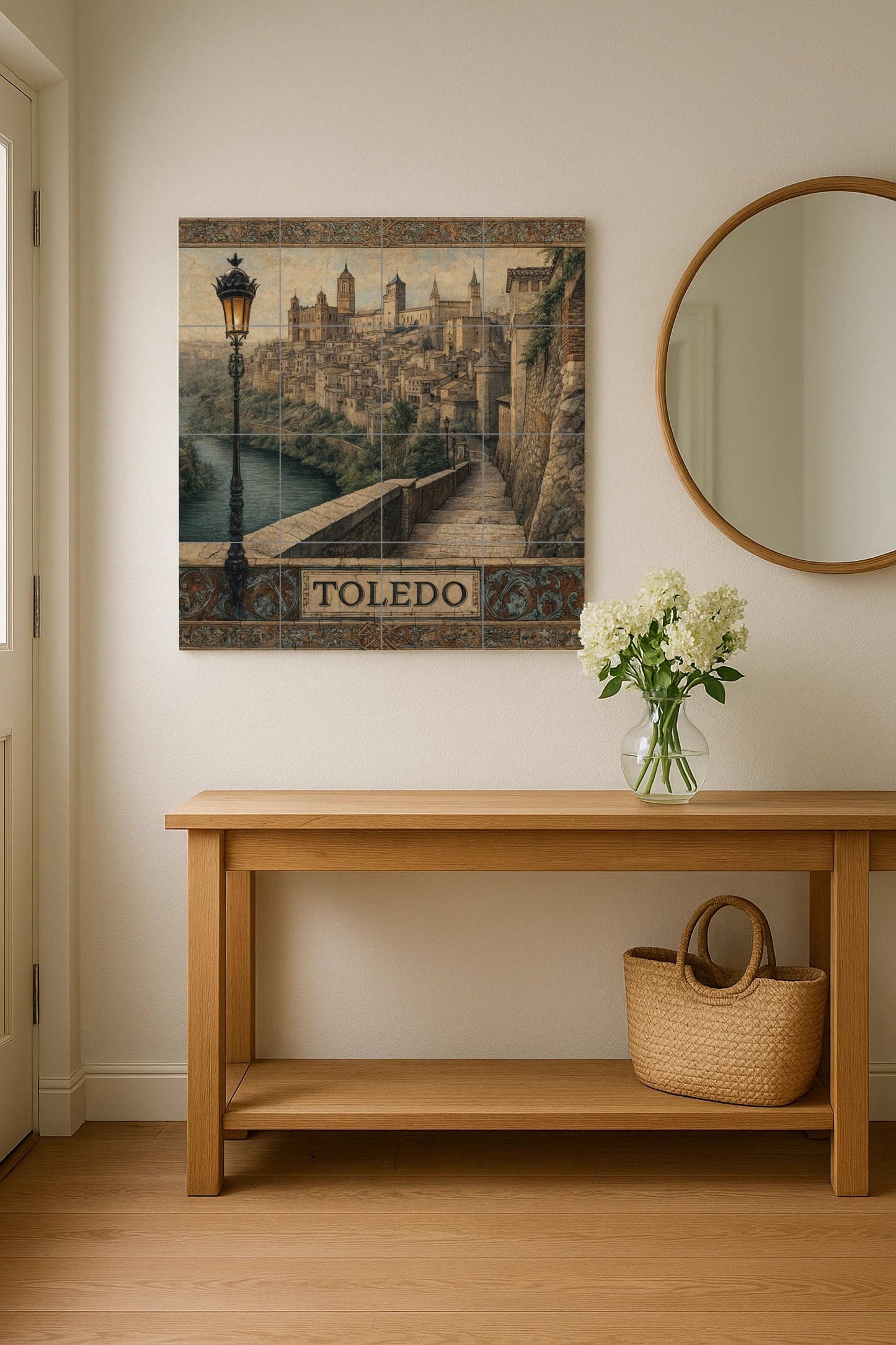 Toledo tile mural – Ceramic panel with Spanish historical cityscape – Medieval mural art overlooking the river – Castilian heritage decoration for rustic homes