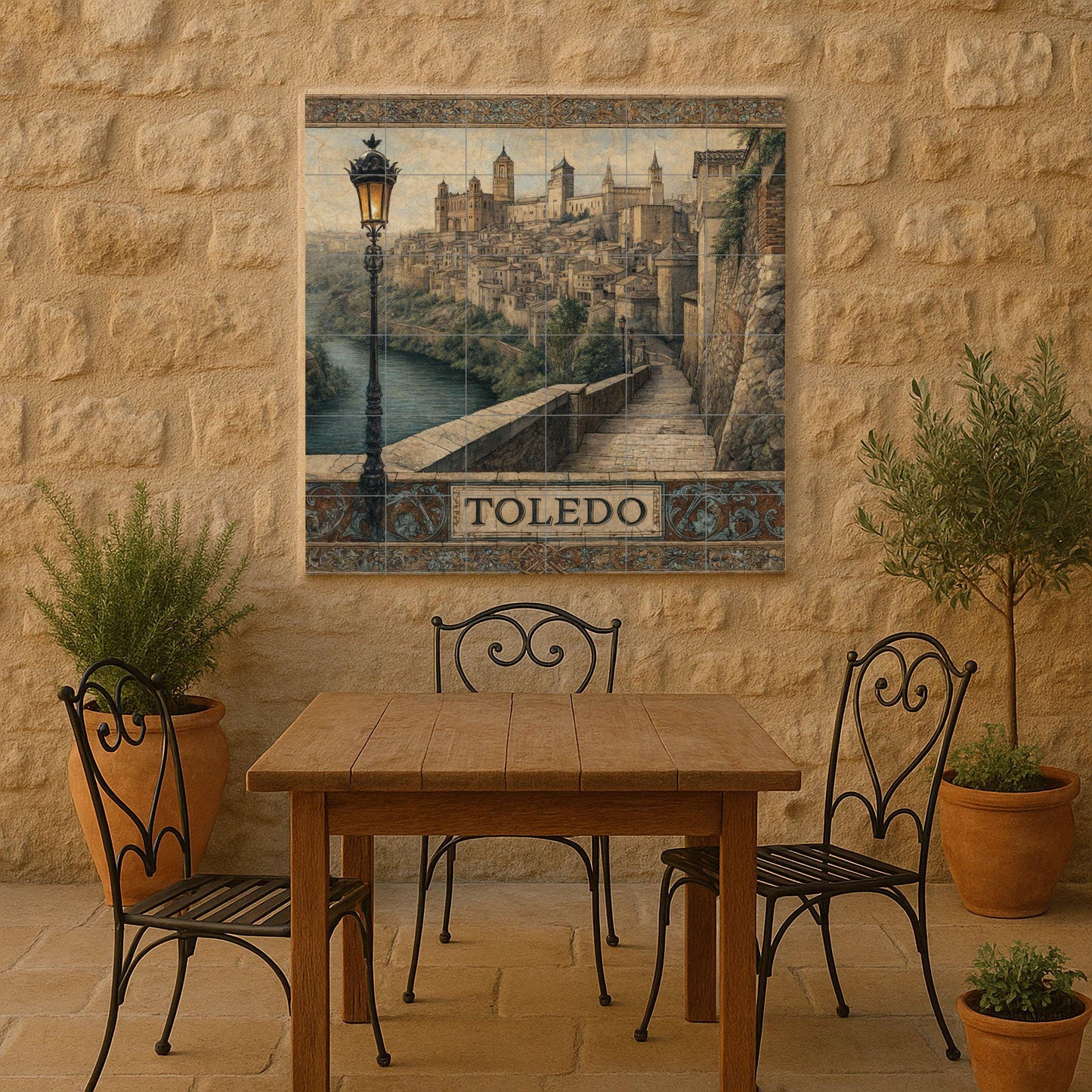 Toledo tile mural – Ceramic panel with Spanish historical cityscape – Medieval mural art overlooking the river – Castilian heritage decoration for rustic homes