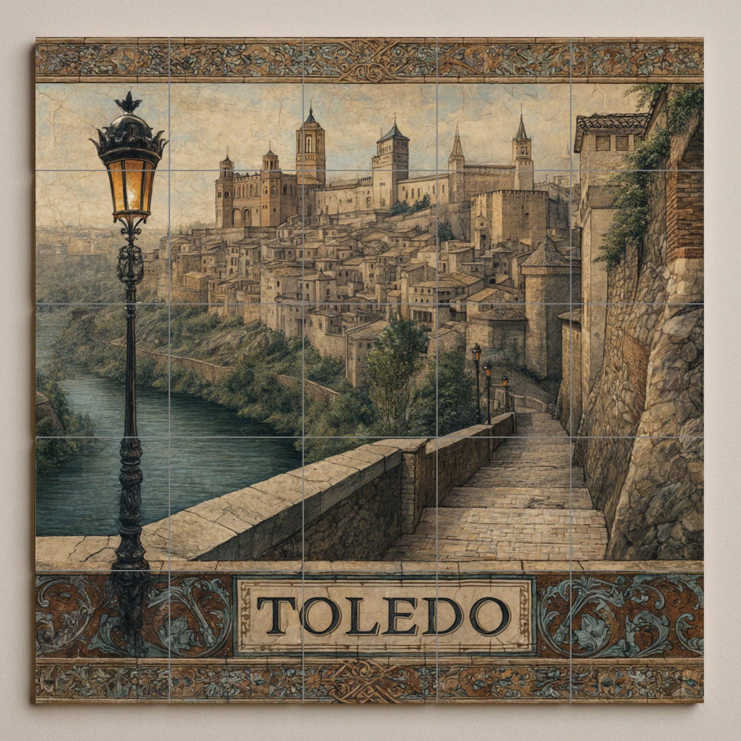 Toledo tile mural – Ceramic panel with Spanish historical cityscape – Medieval mural art overlooking the river – Castilian heritage decoration for rustic homes