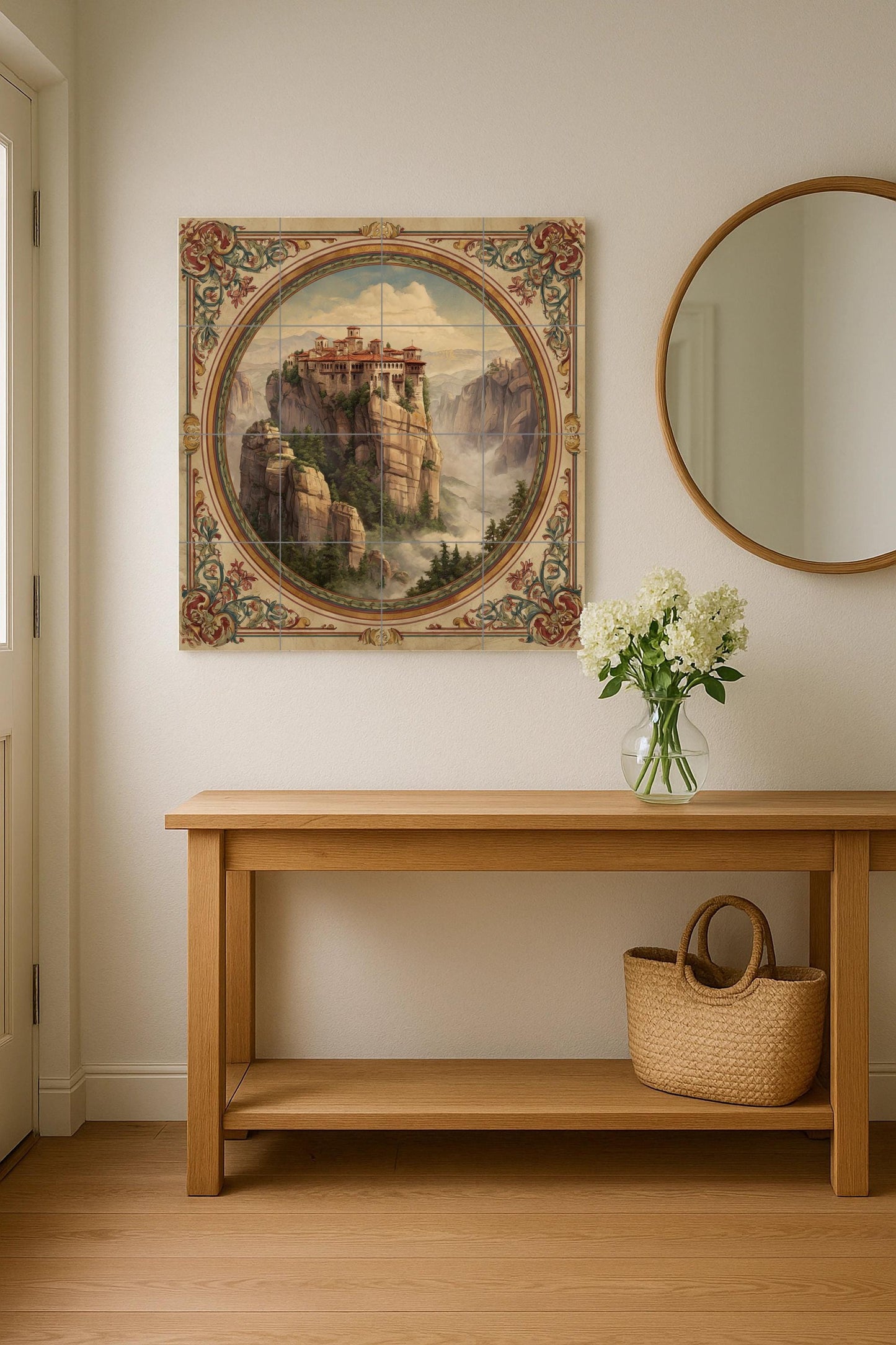 Tile mural from Meteora, Greece. Ceramic panel of a monastery on the cliffs. Mural art with a Byzantine landscape. Decoration of sacred journeys with an ornate frame.