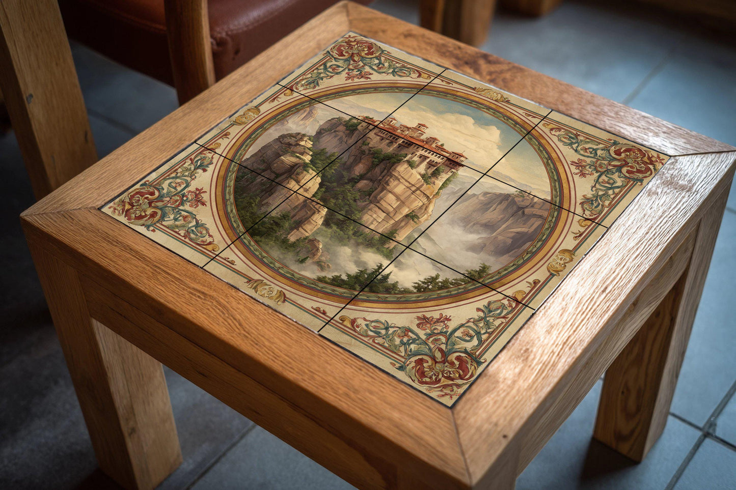 Tile mural from Meteora, Greece. Ceramic panel of a monastery on the cliffs. Mural art with a Byzantine landscape. Decoration of sacred journeys with an ornate frame.