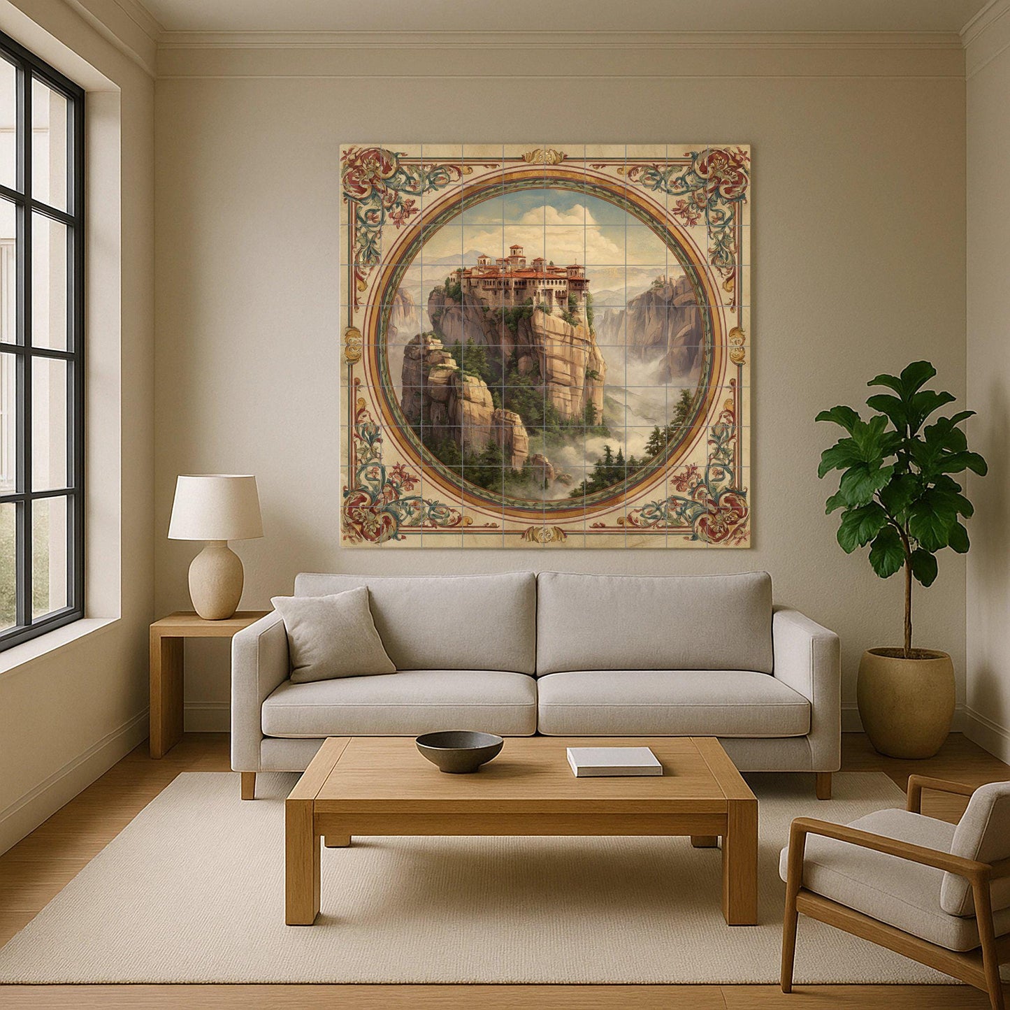 Tile mural from Meteora, Greece. Ceramic panel of a monastery on the cliffs. Mural art with a Byzantine landscape. Decoration of sacred journeys with an ornate frame.