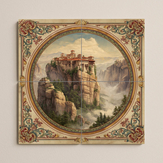 Tile mural from Meteora, Greece. Ceramic panel of a monastery on the cliffs. Mural art with a Byzantine landscape. Decoration of sacred journeys with an ornate frame.