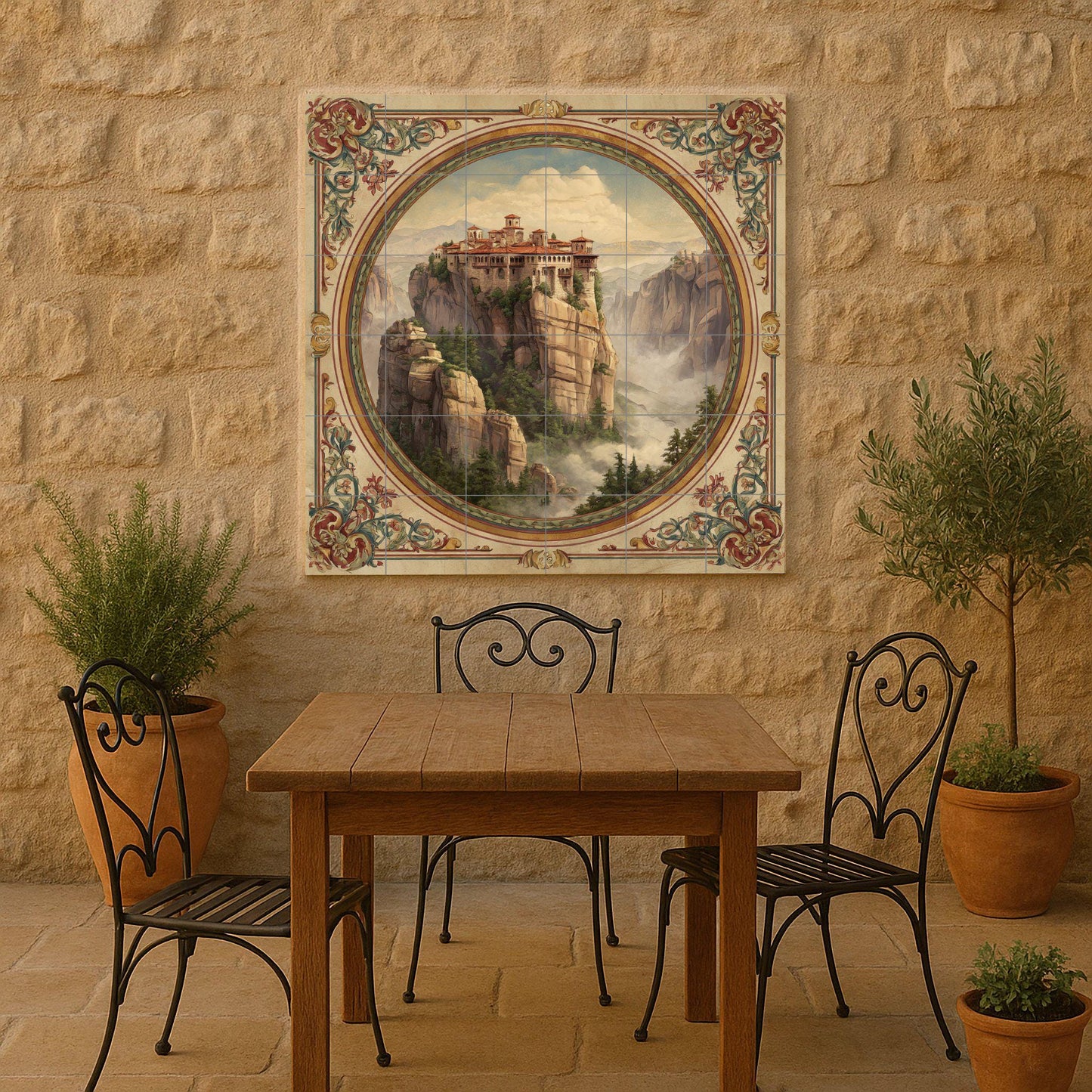 Tile mural from Meteora, Greece. Ceramic panel of a monastery on the cliffs. Mural art with a Byzantine landscape. Decoration of sacred journeys with an ornate frame.