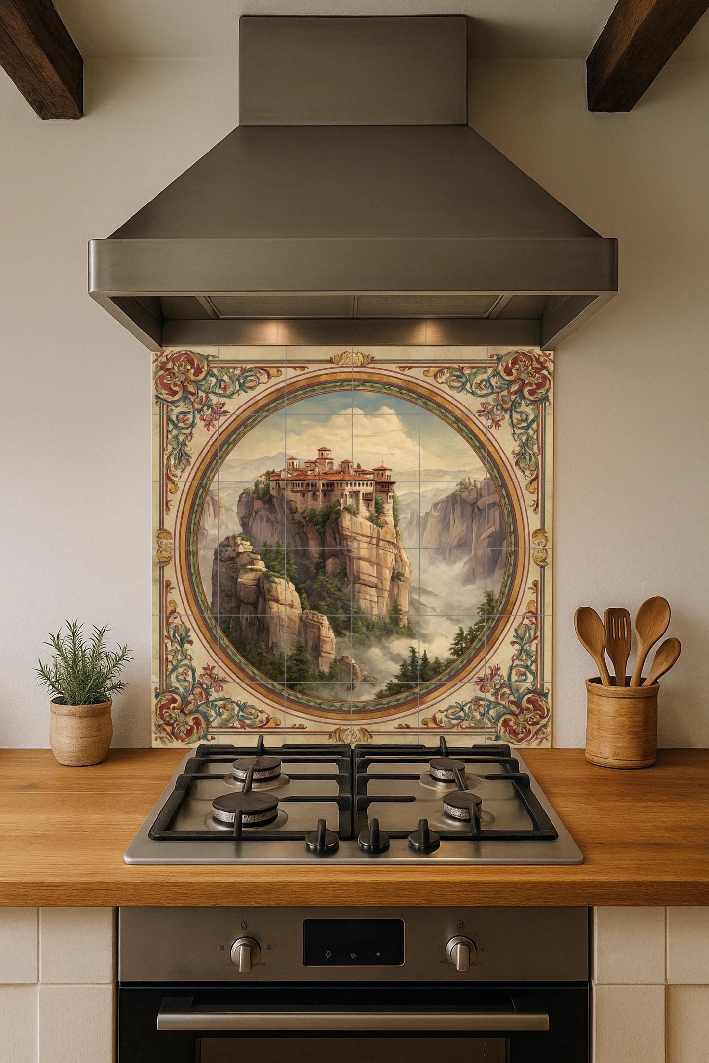 Tile mural from Meteora, Greece. Ceramic panel of a monastery on the cliffs. Mural art with a Byzantine landscape. Decoration of sacred journeys with an ornate frame.