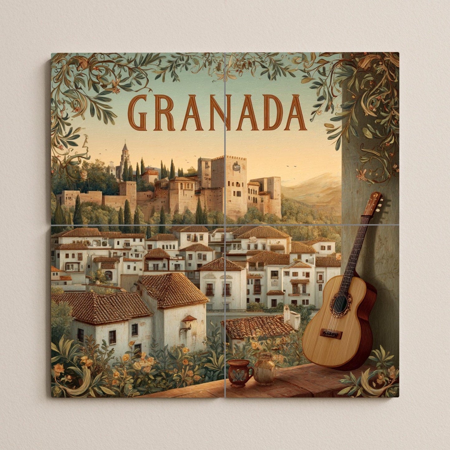 Granada tile mural: Alhambra cityscape with guitar. Spanish heritage ceramic panel. Andalusian mural art for rustic interiors.
