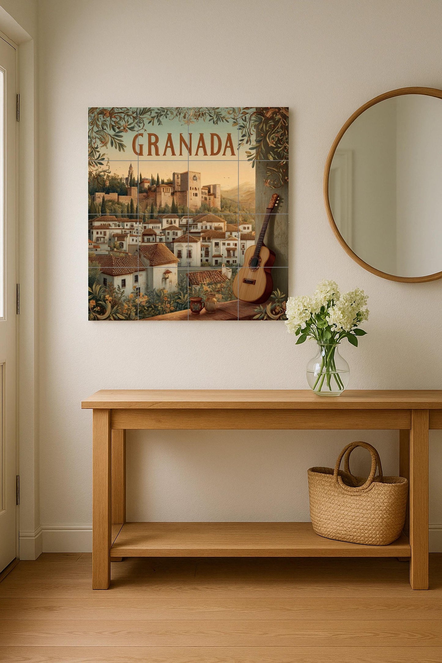 Granada tile mural: Alhambra cityscape with guitar. Spanish heritage ceramic panel. Andalusian mural art for rustic interiors.