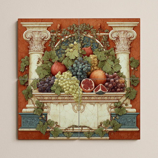Roman Fruit Tile Mural – Classic Still Life Ceramic Panel – Grapes and Pomegranates with Columns – Mediterranean Wall Decor