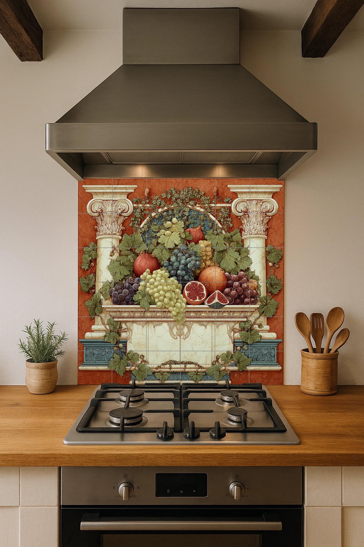Roman Fruit Tile Mural – Classic Still Life Ceramic Panel – Grapes and Pomegranates with Columns – Mediterranean Wall Decor