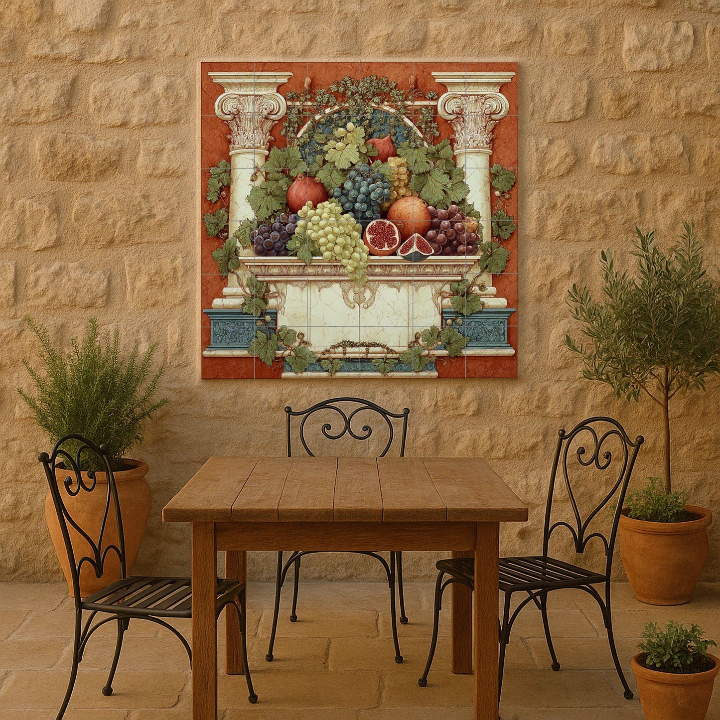 Roman Fruit Tile Mural – Classic Still Life Ceramic Panel – Grapes and Pomegranates with Columns – Mediterranean Wall Decor