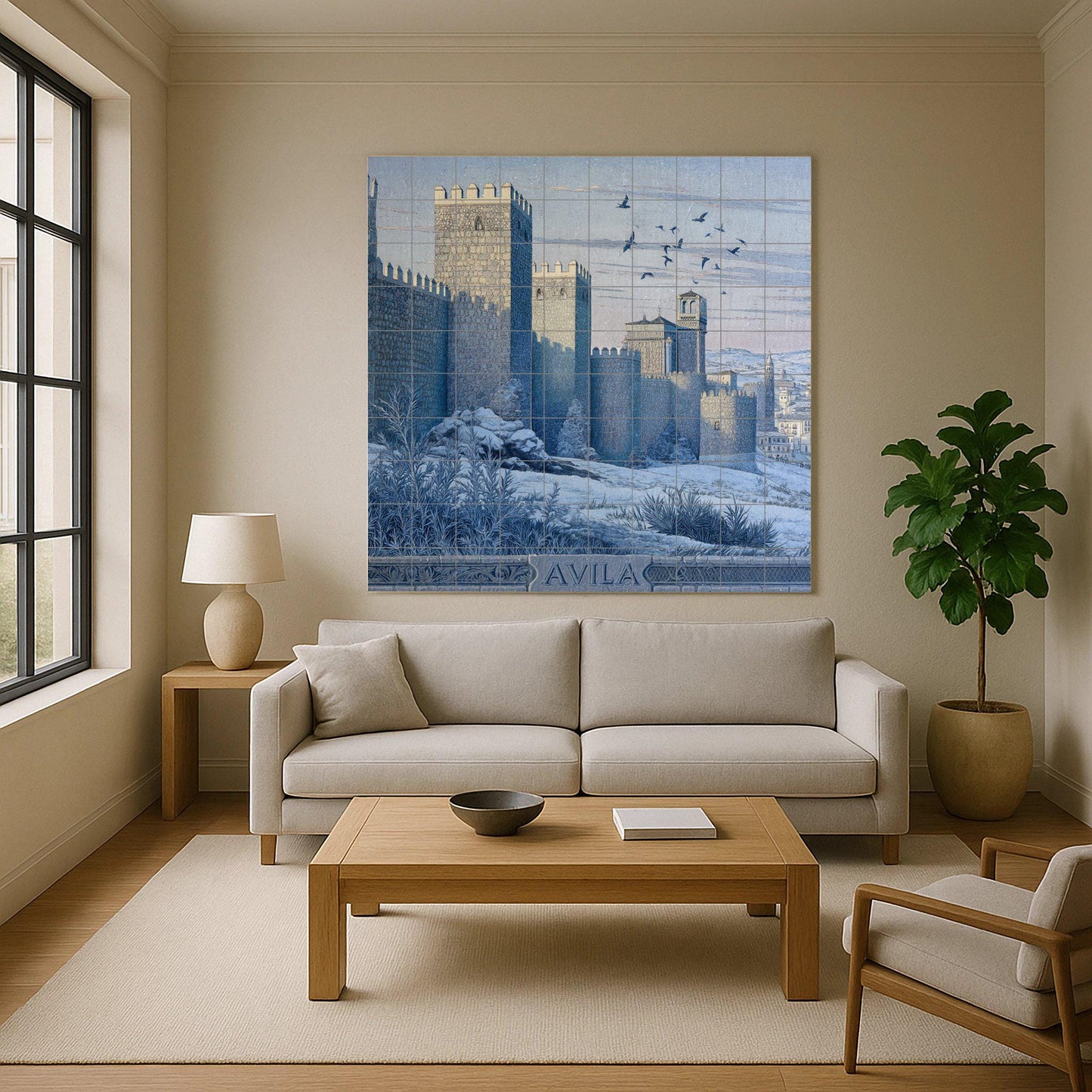 Tile mural from Ávila: Scene of a medieval Spanish fortress. Monochromatic heritage ceramic. Castilian urban panel for historic interiors.