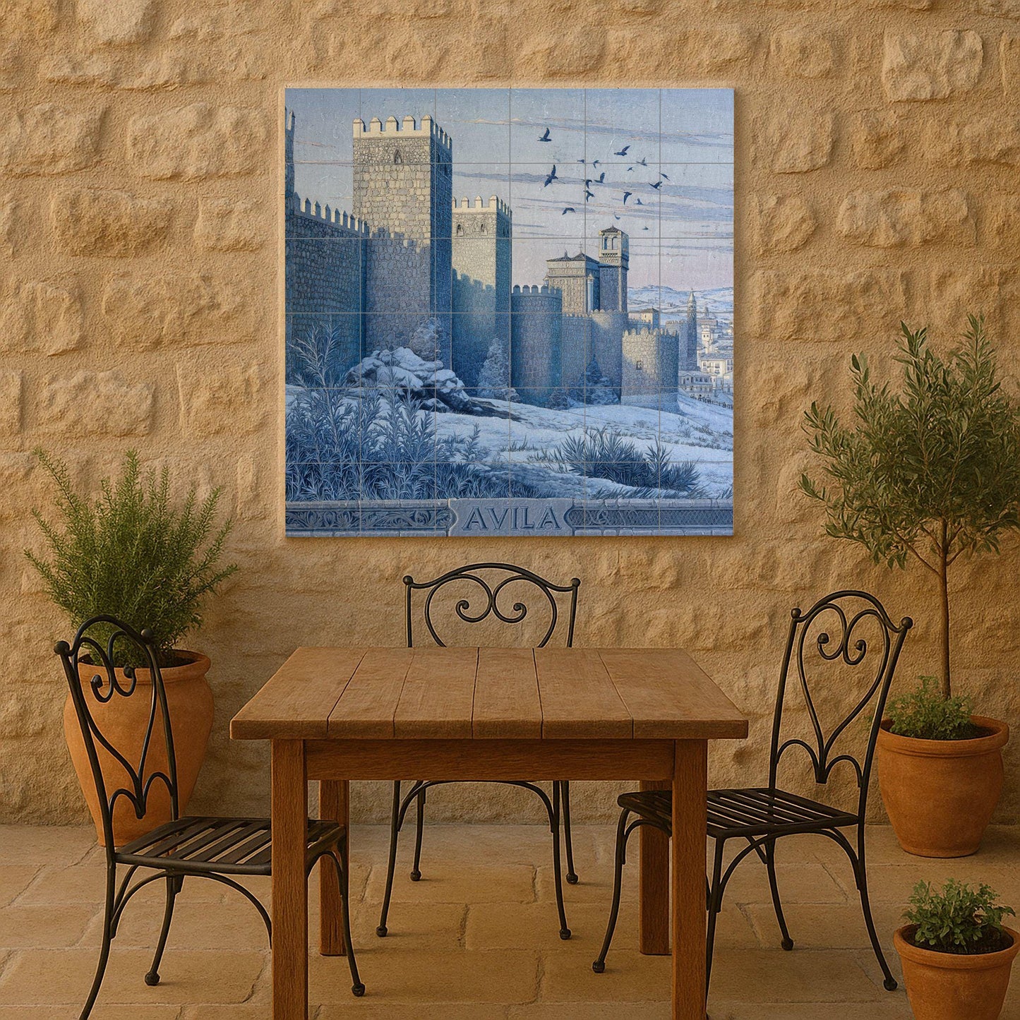Tile mural from Ávila: Scene of a medieval Spanish fortress. Monochromatic heritage ceramic. Castilian urban panel for historic interiors.