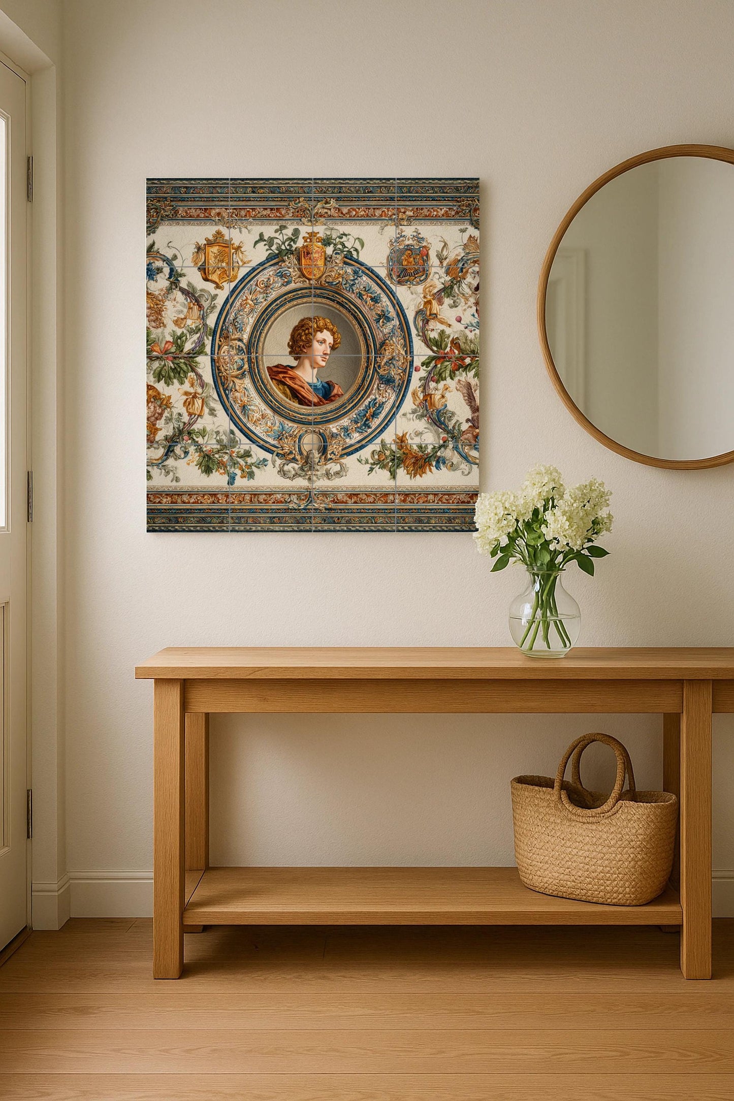 Renaissance portrait tile mural: medallion style ceramic panel, ornate classical wall art, heraldic and floral details for elegant homes.