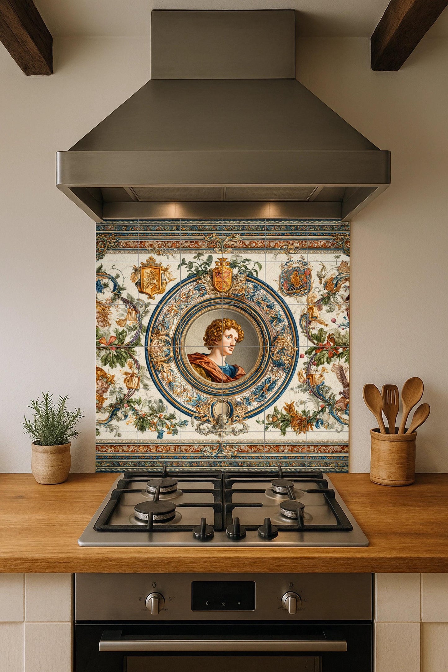 Renaissance portrait tile mural: medallion style ceramic panel, ornate classical wall art, heraldic and floral details for elegant homes.