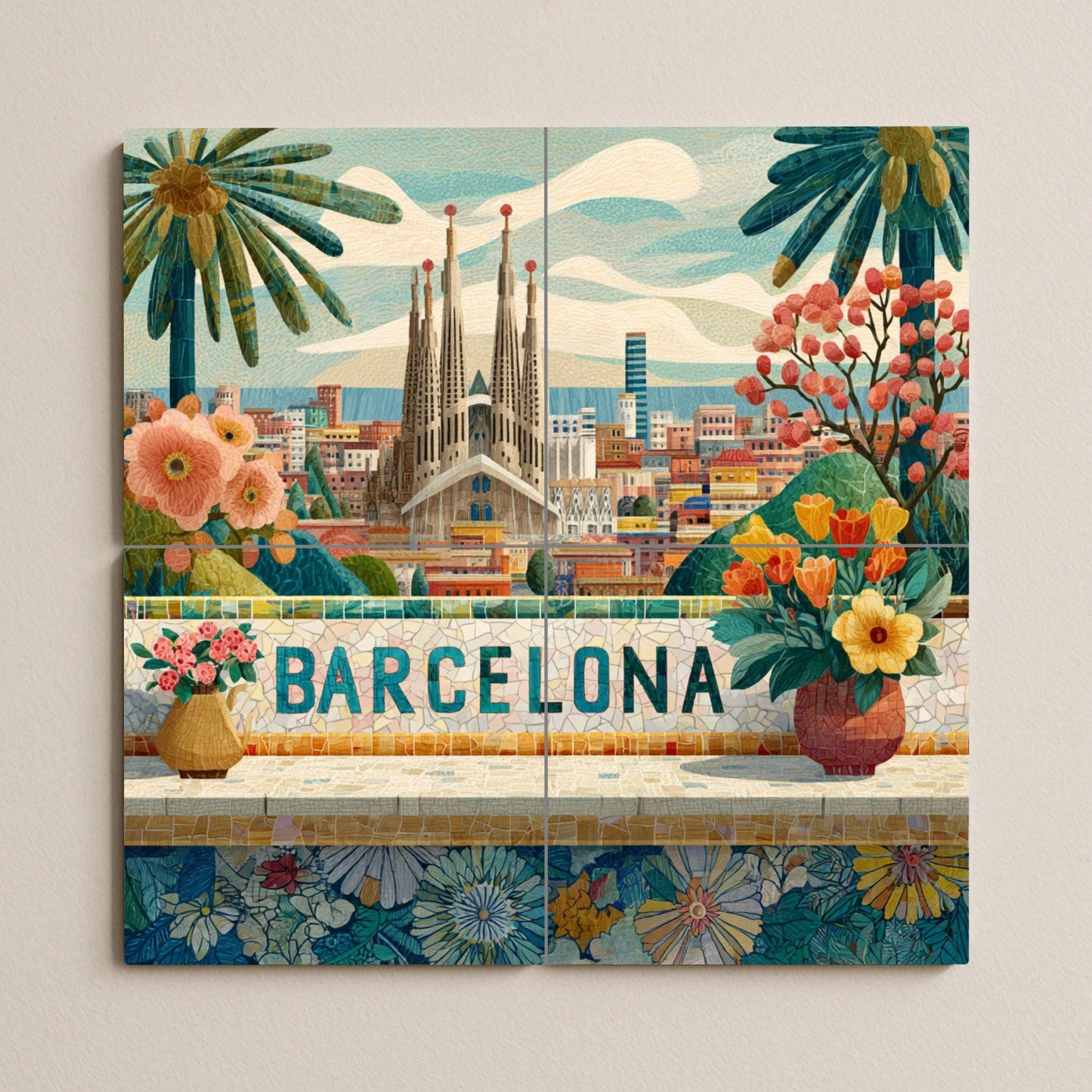 Barcelona tile mural: Sagrada Familia cityscape with flowers. Mosaic-style ceramic panel. Spanish travel art for bright interiors.