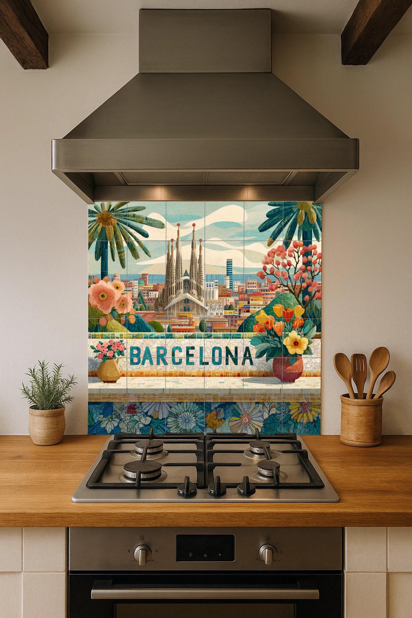 Barcelona tile mural: Sagrada Familia cityscape with flowers. Mosaic-style ceramic panel. Spanish travel art for bright interiors.