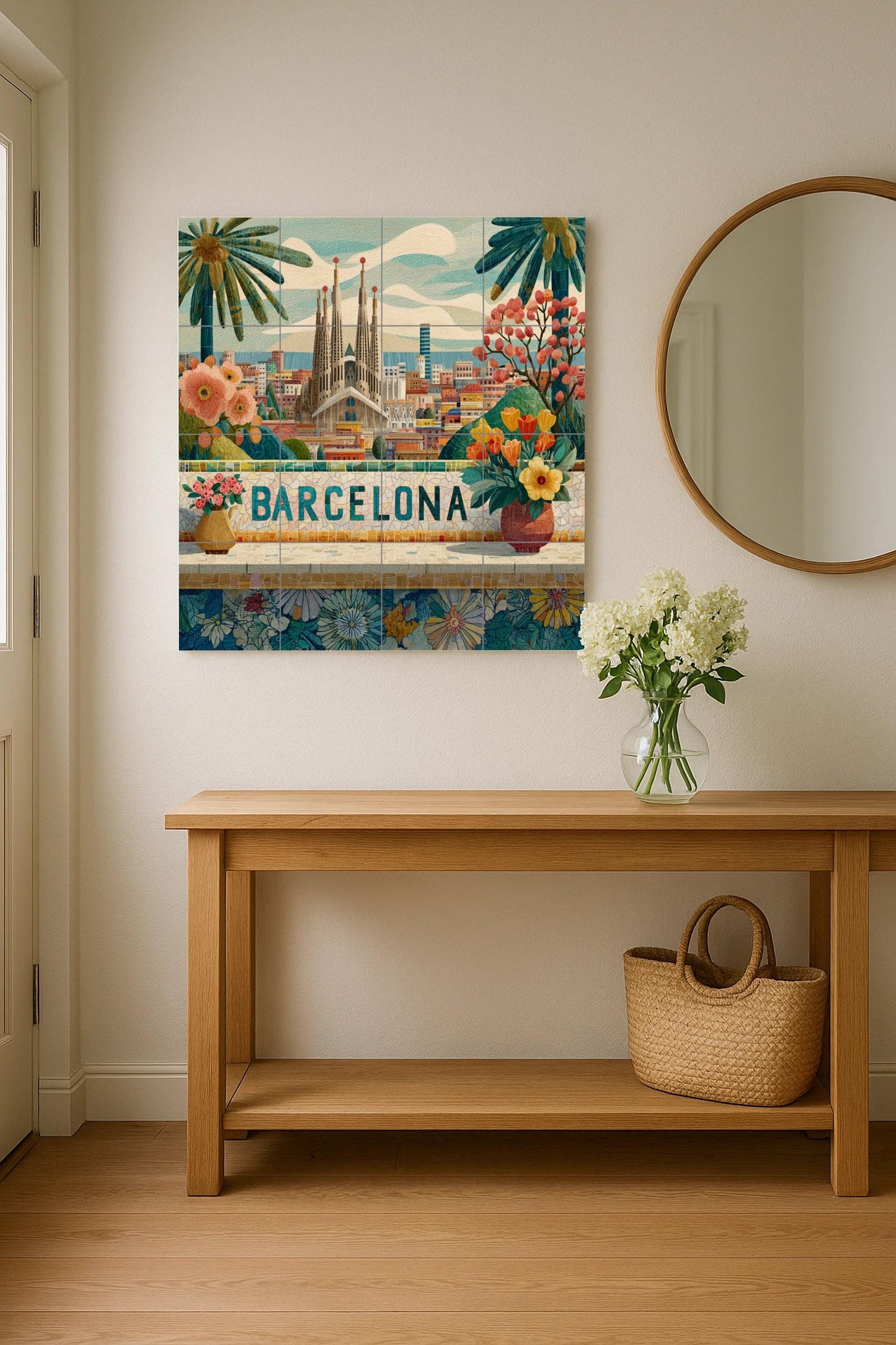 Barcelona tile mural: Sagrada Familia cityscape with flowers. Mosaic-style ceramic panel. Spanish travel art for bright interiors.