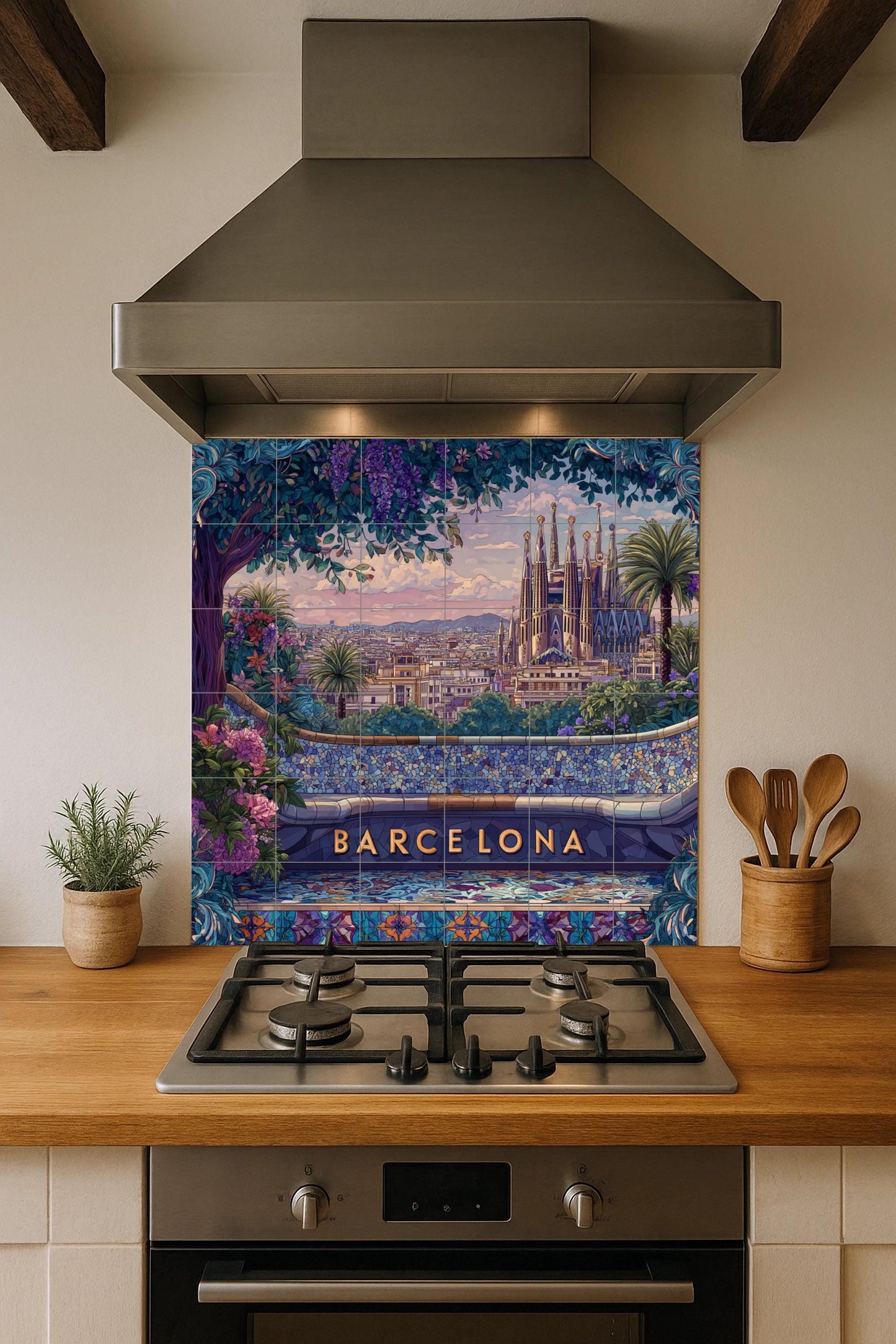 Barcelona tile mural: View of Park Güell and the Sagrada Familia. Mediterranean ceramics. Mosaic mural art for travel lovers.