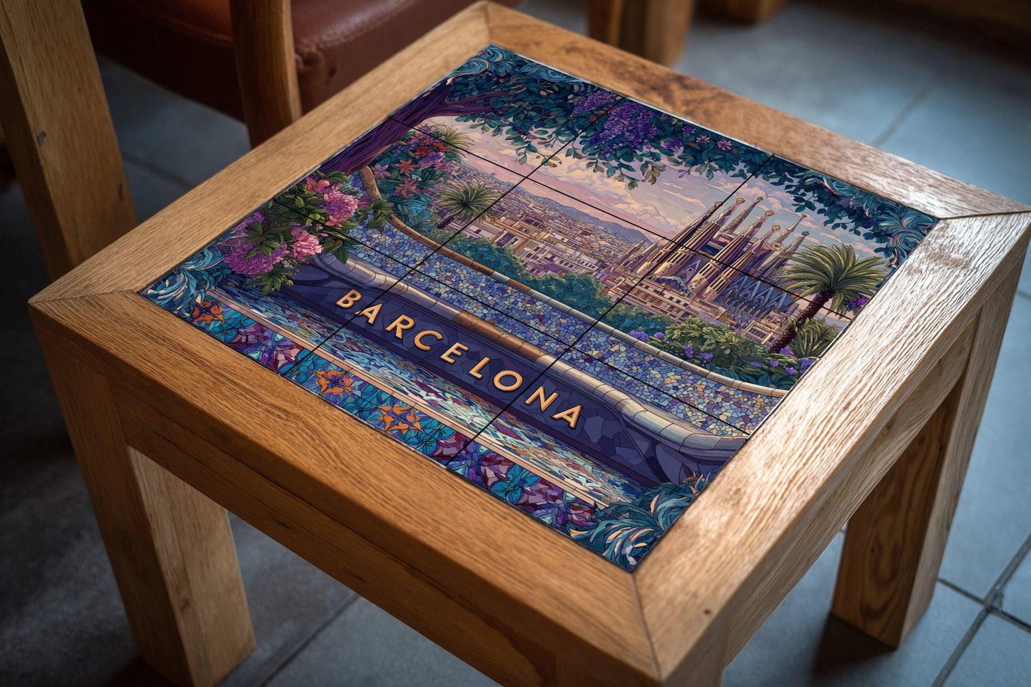 Barcelona tile mural: View of Park Güell and the Sagrada Familia. Mediterranean ceramics. Mosaic mural art for travel lovers.