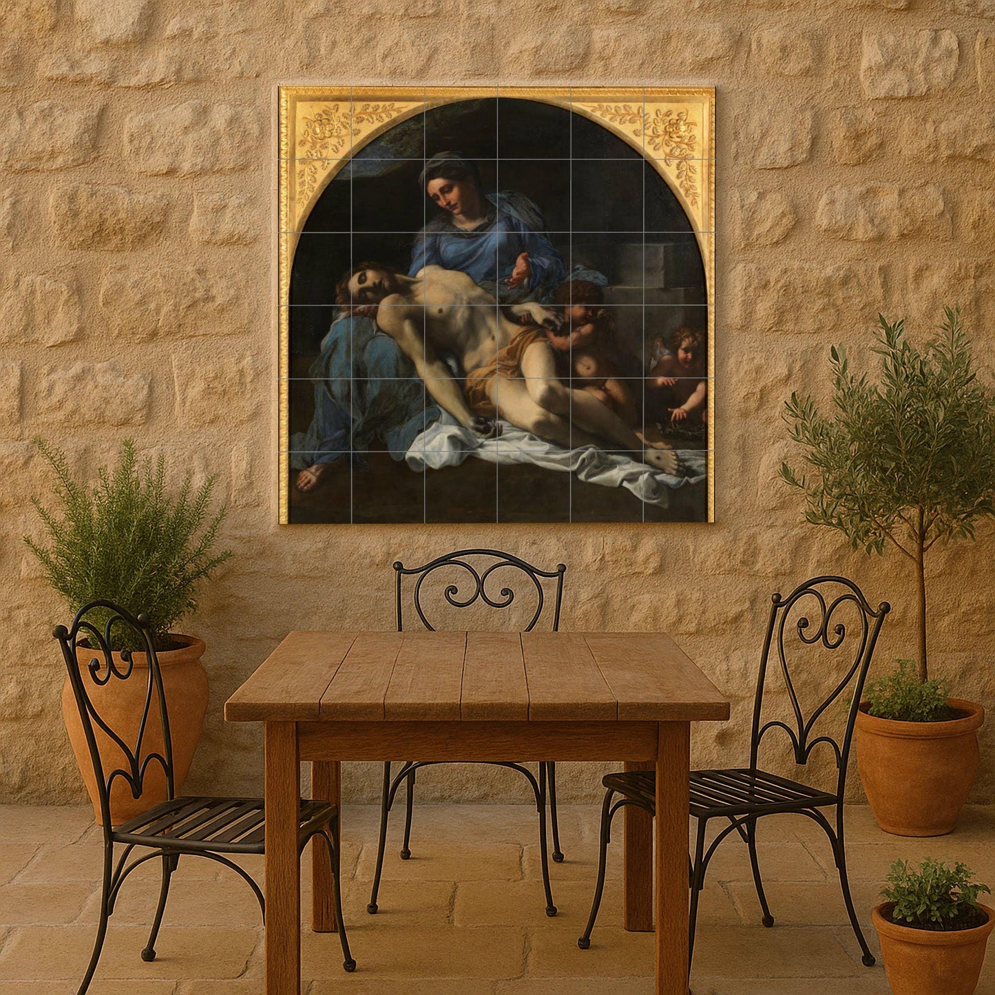 Ceramic tile mural of the Pietà – Renaissance sacred art panel – Mural decoration of the Virgin and Christ – Baroque religious scene for devotional spaces