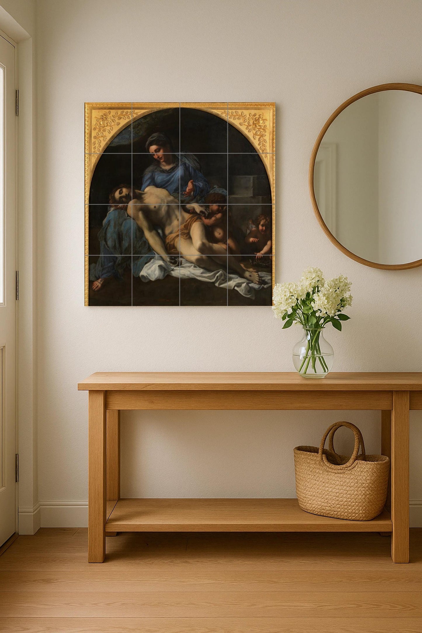 Ceramic tile mural of the Pietà – Renaissance sacred art panel – Mural decoration of the Virgin and Christ – Baroque religious scene for devotional spaces