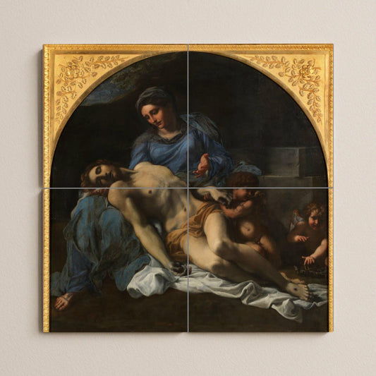 Ceramic tile mural of the Pietà – Renaissance sacred art panel – Mural decoration of the Virgin and Christ – Baroque religious scene for devotional spaces