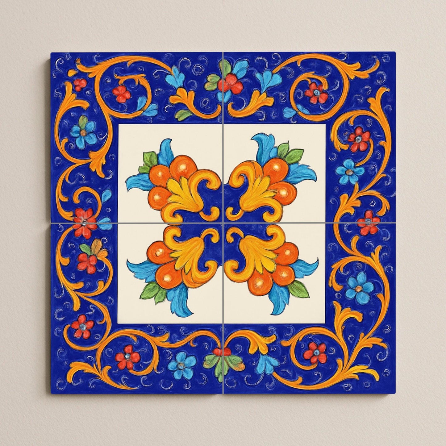 Sicilian Floral Tile Mural – Majolica Style Ceramic Panel – Mediterranean Wall Decor – Baroque Folk Art for Kitchen or Patio