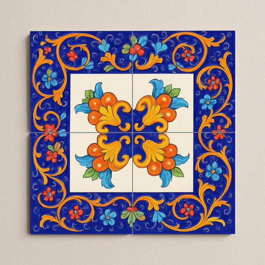 Sicilian Floral Tile Mural – Majolica Style Ceramic Panel – Mediterranean Wall Decor – Baroque Folk Art for Kitchen or Patio