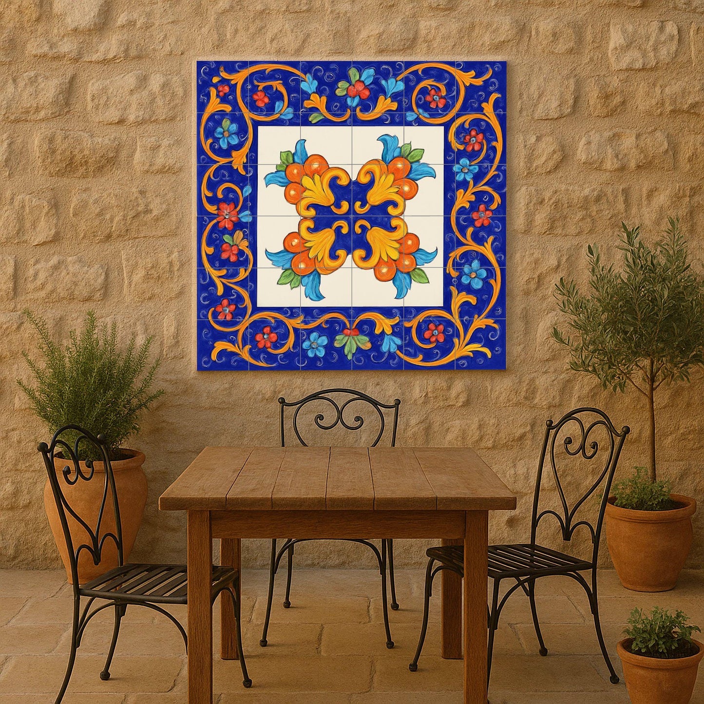 Sicilian Floral Tile Mural – Majolica Style Ceramic Panel – Mediterranean Wall Decor – Baroque Folk Art for Kitchen or Patio