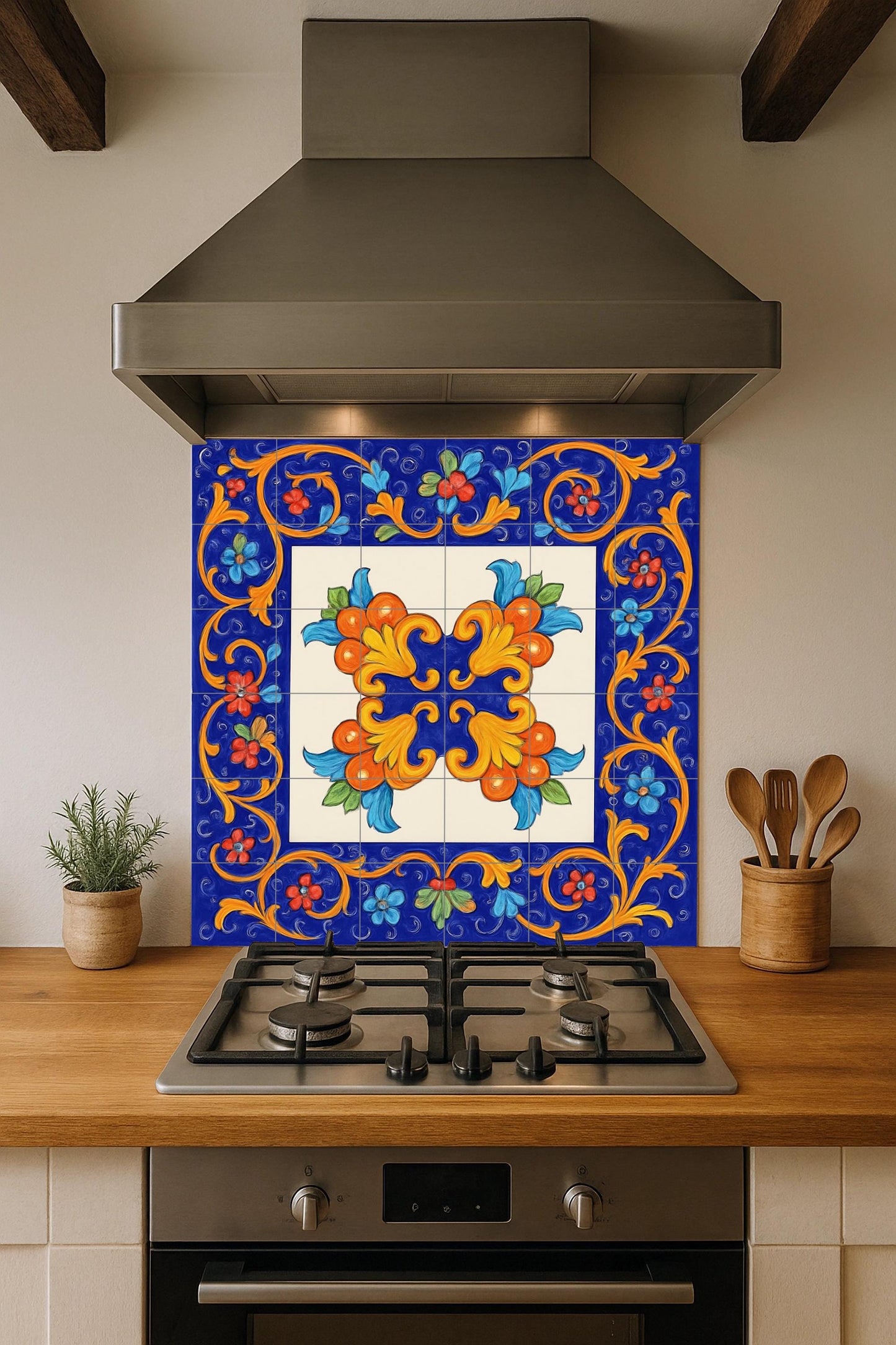 Sicilian Floral Tile Mural – Majolica Style Ceramic Panel – Mediterranean Wall Decor – Baroque Folk Art for Kitchen or Patio