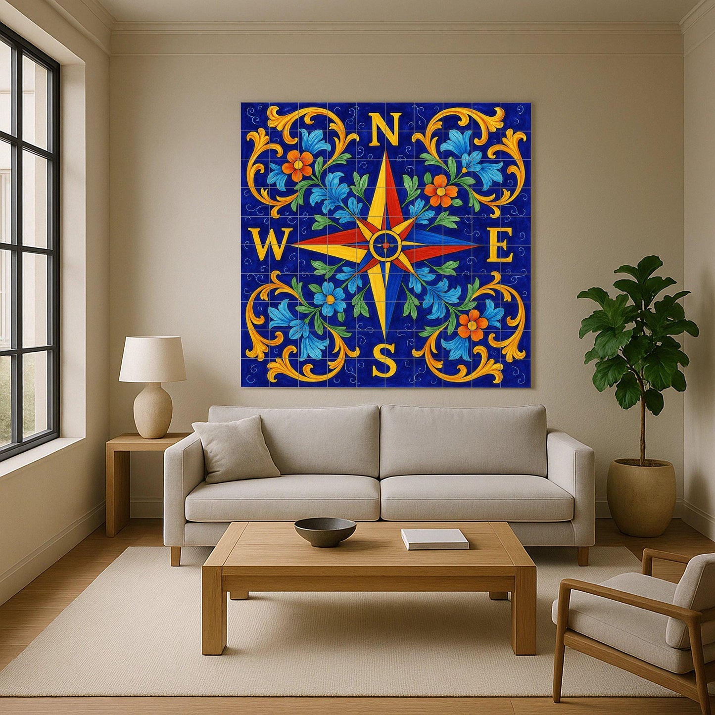 Tile mural with compass rose, Mediterranean ceramic panel, nautical art, blue floral detail for coastal or rustic decoration.