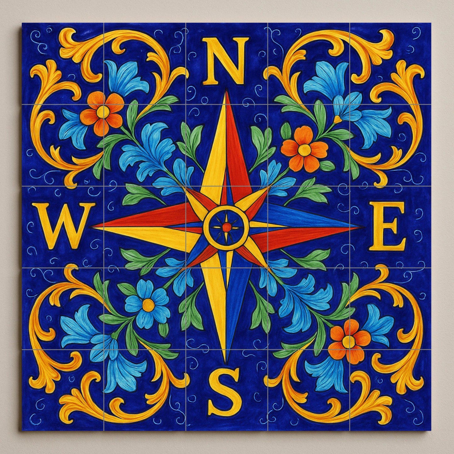 Tile mural with compass rose, Mediterranean ceramic panel, nautical art, blue floral detail for coastal or rustic decoration.