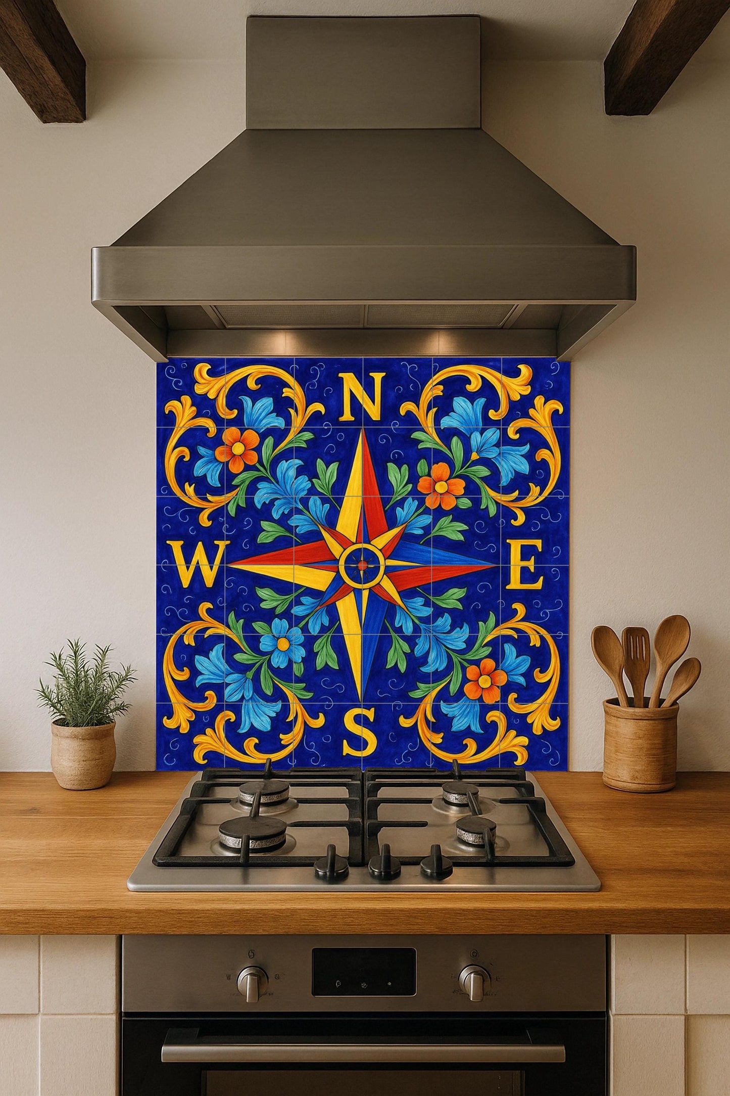 Tile mural with compass rose, Mediterranean ceramic panel, nautical art, blue floral detail for coastal or rustic decoration.
