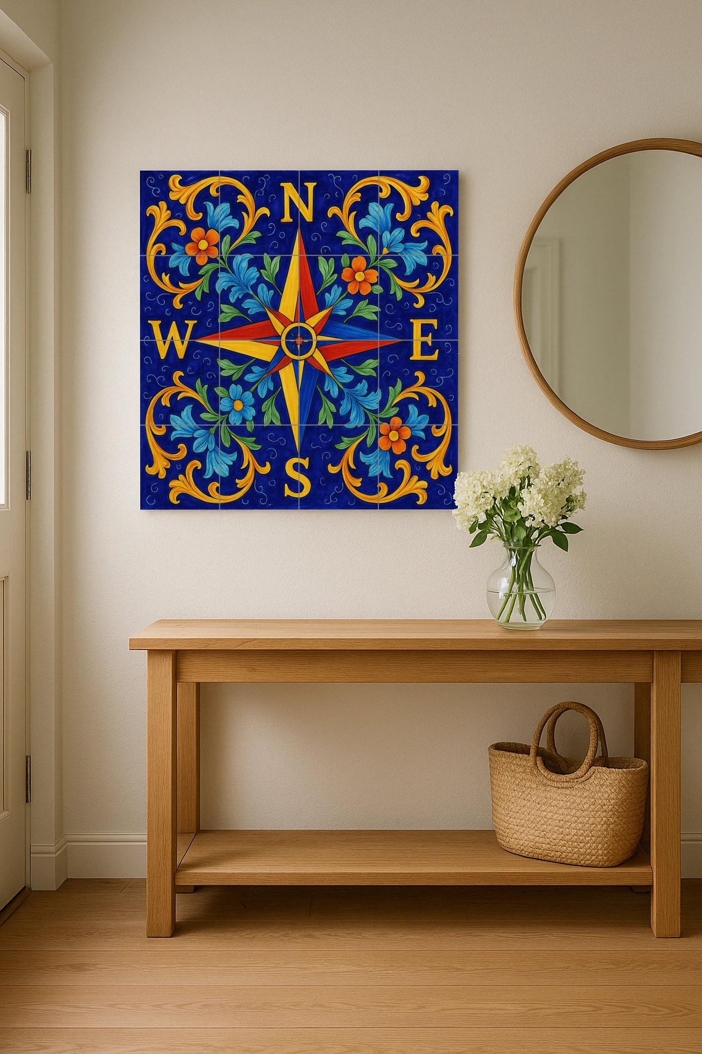 Tile mural with compass rose, Mediterranean ceramic panel, nautical art, blue floral detail for coastal or rustic decoration.