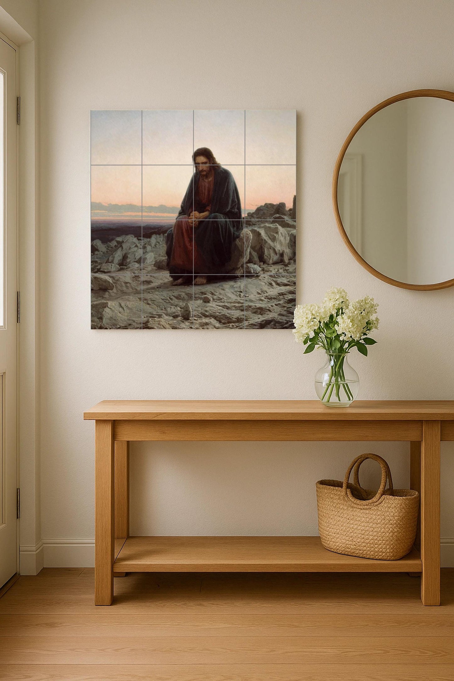 Tile mural of Jesus in the desert – Christ contemplation panel – Sacred Lenten ceramics – Spiritual landscape mural art for spaces of reflection