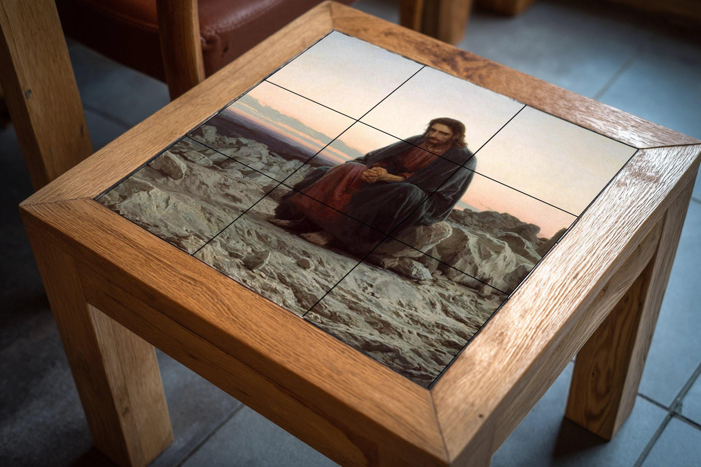 Tile mural of Jesus in the desert – Christ contemplation panel – Sacred Lenten ceramics – Spiritual landscape mural art for spaces of reflection
