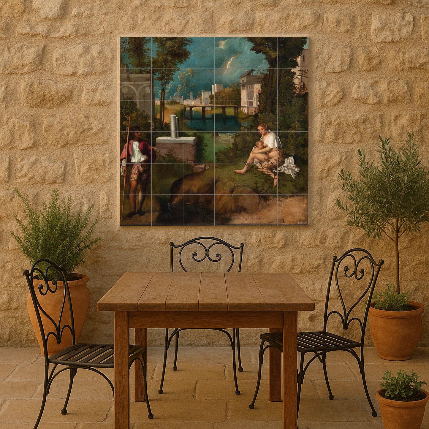 Giorgione's The Tempest tile mural – Venetian Renaissance panel – Ceramic with a mysterious landscape – Symbolic art for classic interiors