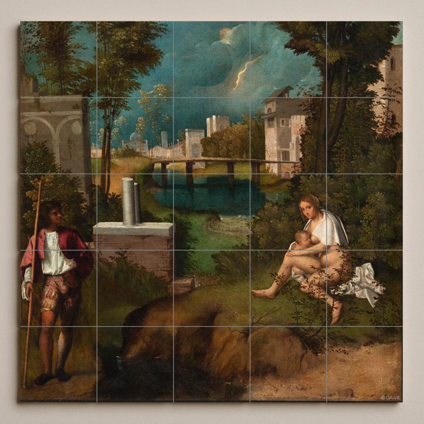 Giorgione's The Tempest tile mural – Venetian Renaissance panel – Ceramic with a mysterious landscape – Symbolic art for classic interiors