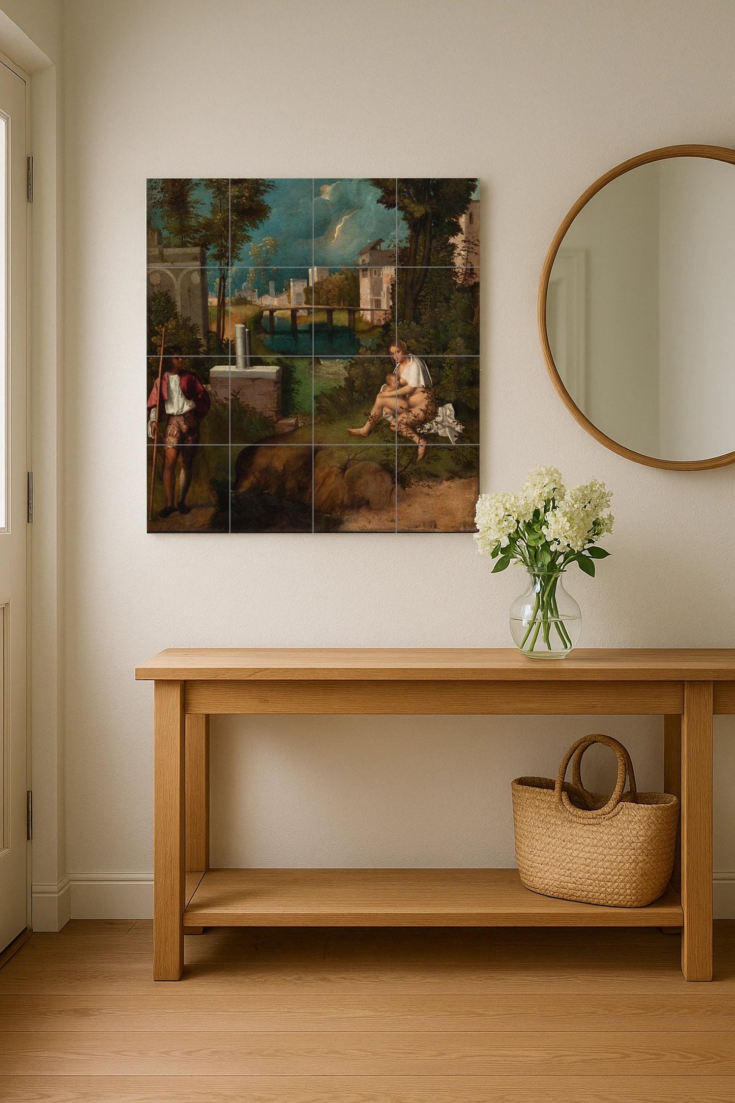 Giorgione's The Tempest tile mural – Venetian Renaissance panel – Ceramic with a mysterious landscape – Symbolic art for classic interiors
