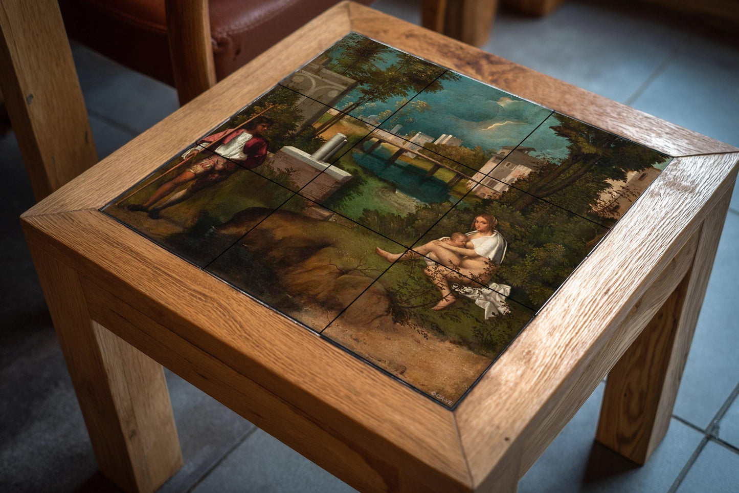 Giorgione's The Tempest tile mural – Venetian Renaissance panel – Ceramic with a mysterious landscape – Symbolic art for classic interiors