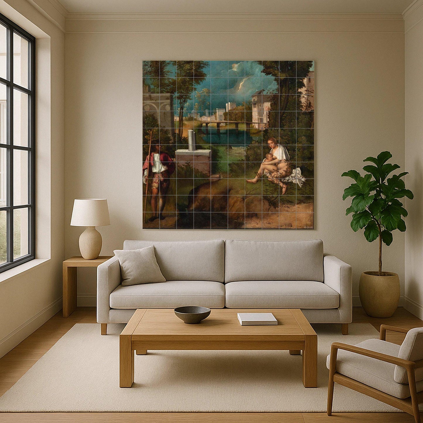 Giorgione's The Tempest tile mural – Venetian Renaissance panel – Ceramic with a mysterious landscape – Symbolic art for classic interiors