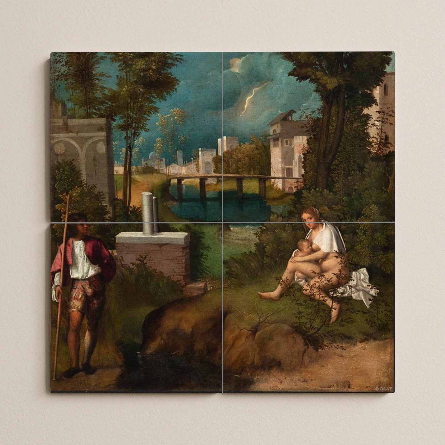Giorgione's The Tempest tile mural – Venetian Renaissance panel – Ceramic with a mysterious landscape – Symbolic art for classic interiors