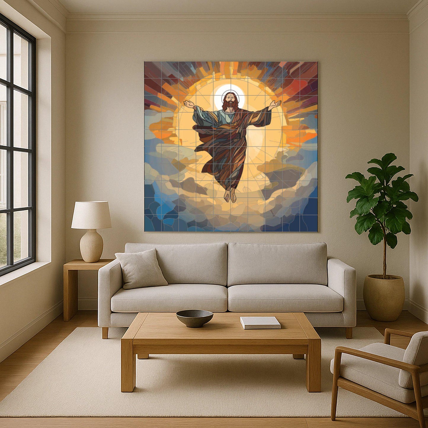 Christ Resurrected Tile Mural – Modern Sacred Ceramic Panel – Radiant Ascension Artwork – Christian Wall Art for Contemporary Interiors