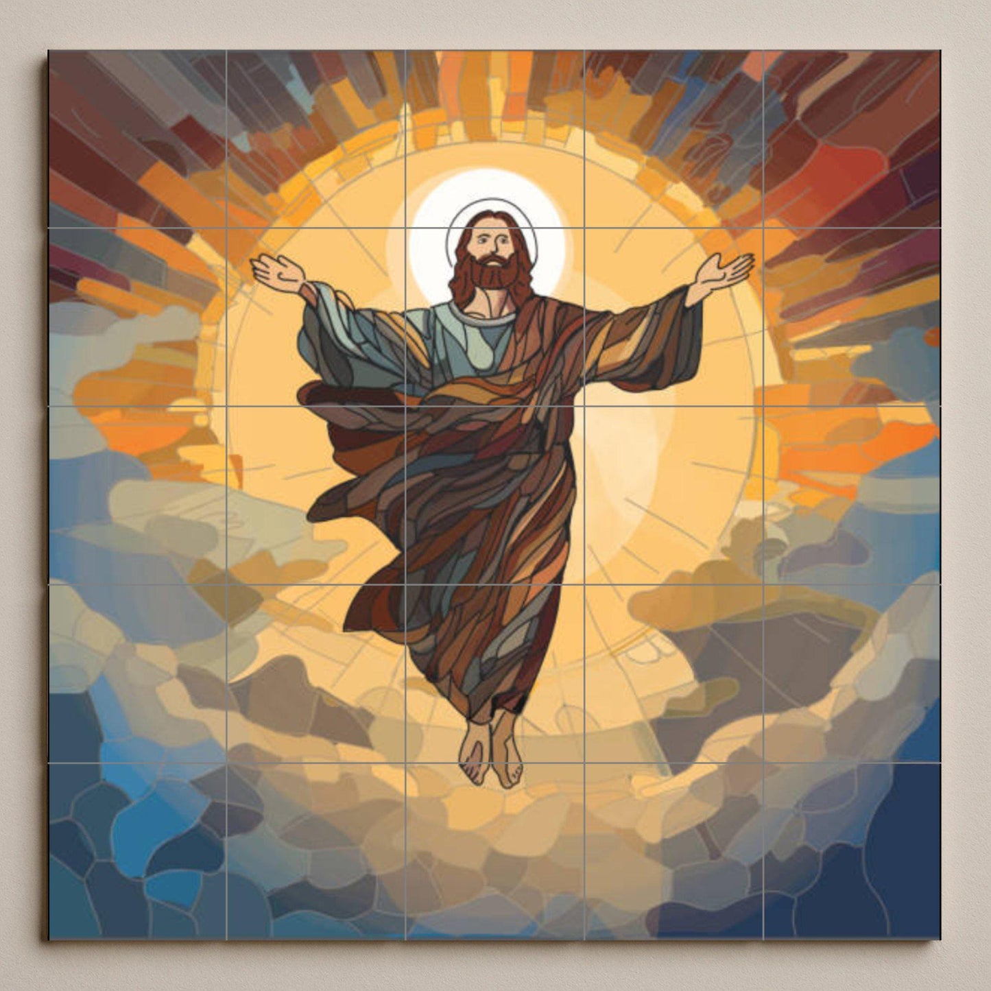 Christ Resurrected Tile Mural – Modern Sacred Ceramic Panel – Radiant Ascension Artwork – Christian Wall Art for Contemporary Interiors