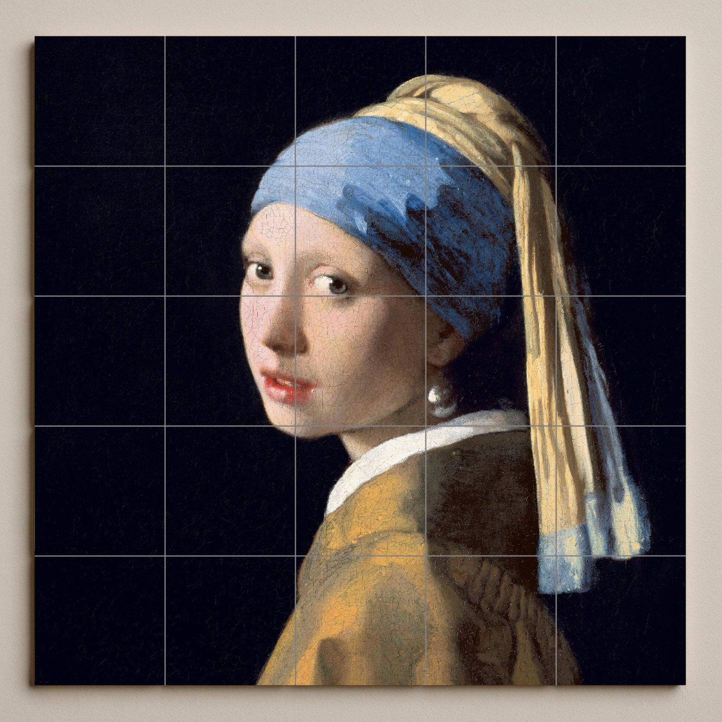 Tile mural of The Girl with a Pearl Earring – Panel of Vermeer's masterpiece – Baroque portrait on ceramic – Classic Dutch art for elegant interiors