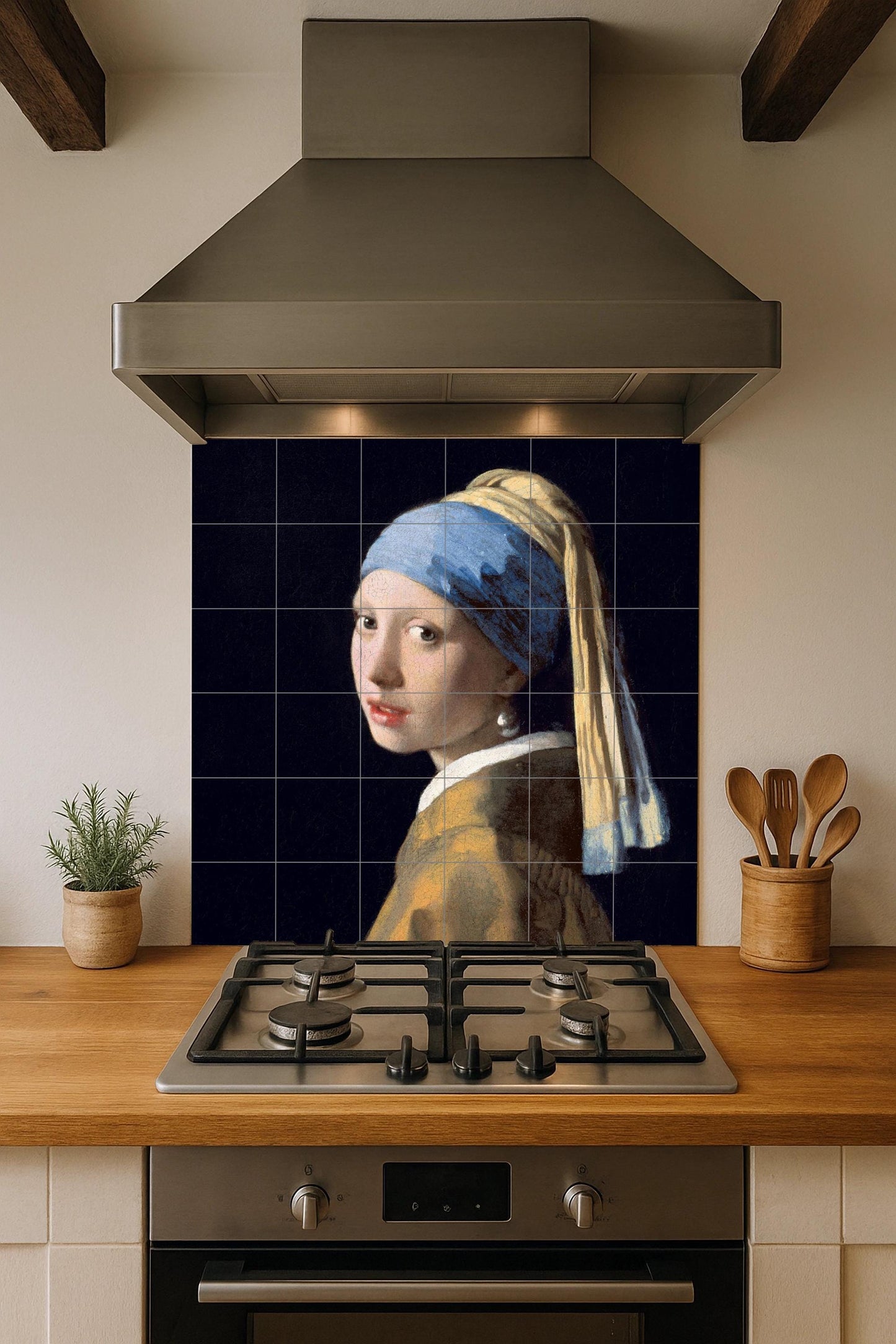 Tile mural of The Girl with a Pearl Earring – Panel of Vermeer's masterpiece – Baroque portrait on ceramic – Classic Dutch art for elegant interiors