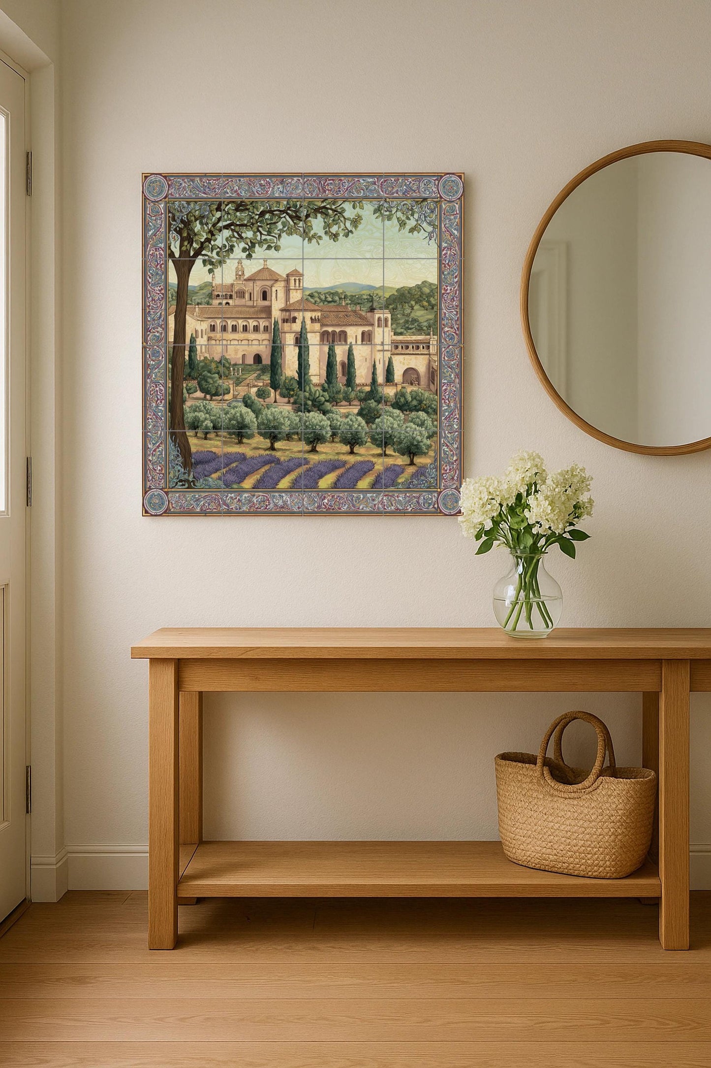 Poblet Monastery tile mural – Catalan heritage ceramic panel – Lavender field scene – Medieval abbey wall art for rustic interiors