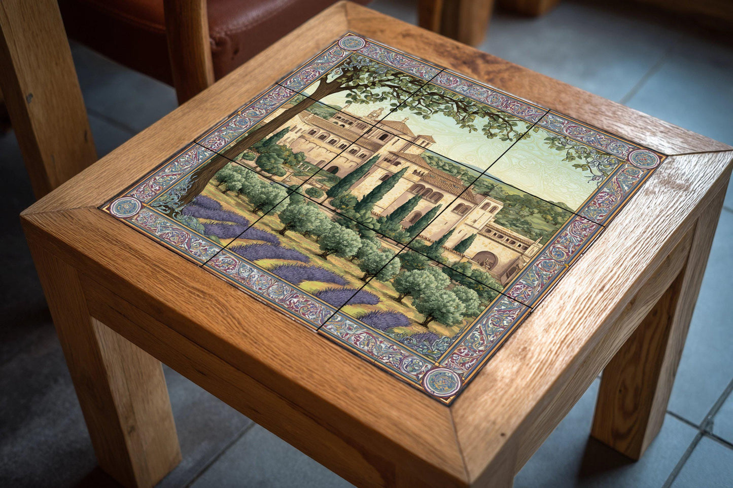 Poblet Monastery tile mural – Catalan heritage ceramic panel – Lavender field scene – Medieval abbey wall art for rustic interiors