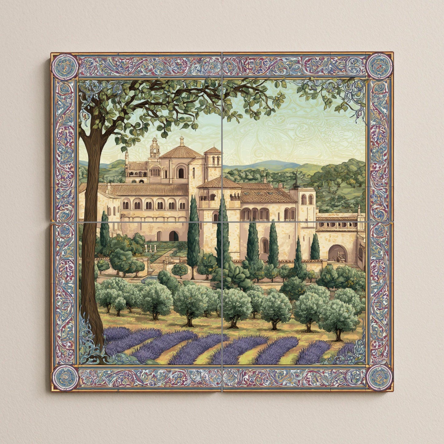 Poblet Monastery tile mural – Catalan heritage ceramic panel – Lavender field scene – Medieval abbey wall art for rustic interiors