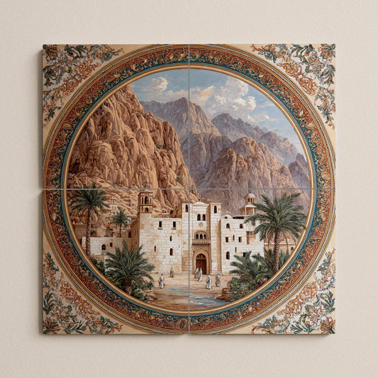 Tile mural of the Monastery of Saint Catherine – Ceramic panel of Holy Sinai – Historic desert architecture – Byzantine heritage mural decoration